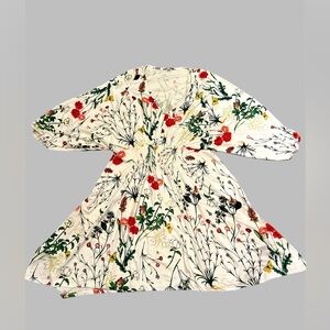 White Birch Womens Sz XL White Floral V-Neck Poet Sleeve  Dress Knee Length